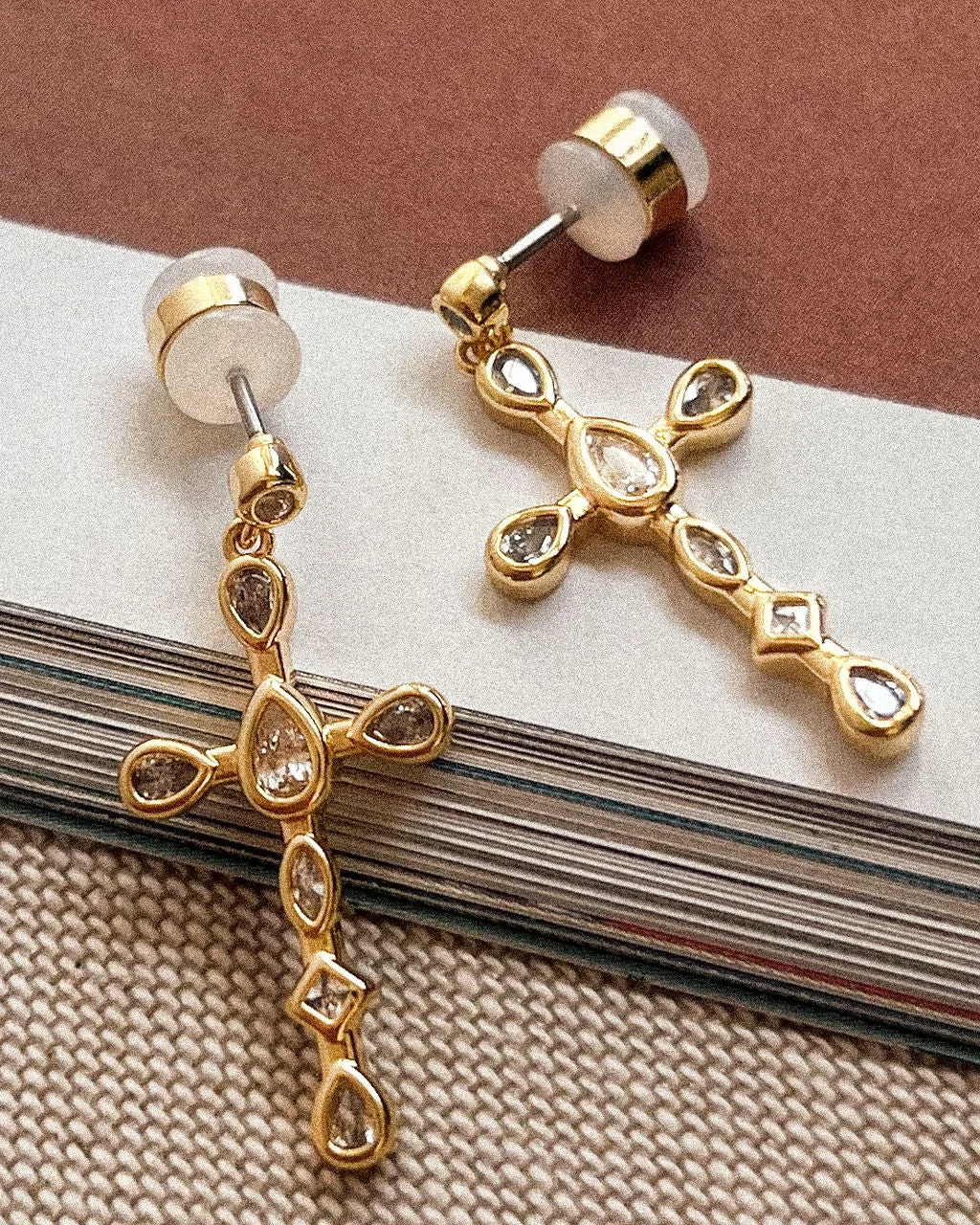 Bezel Stone Cross Studs- Gold