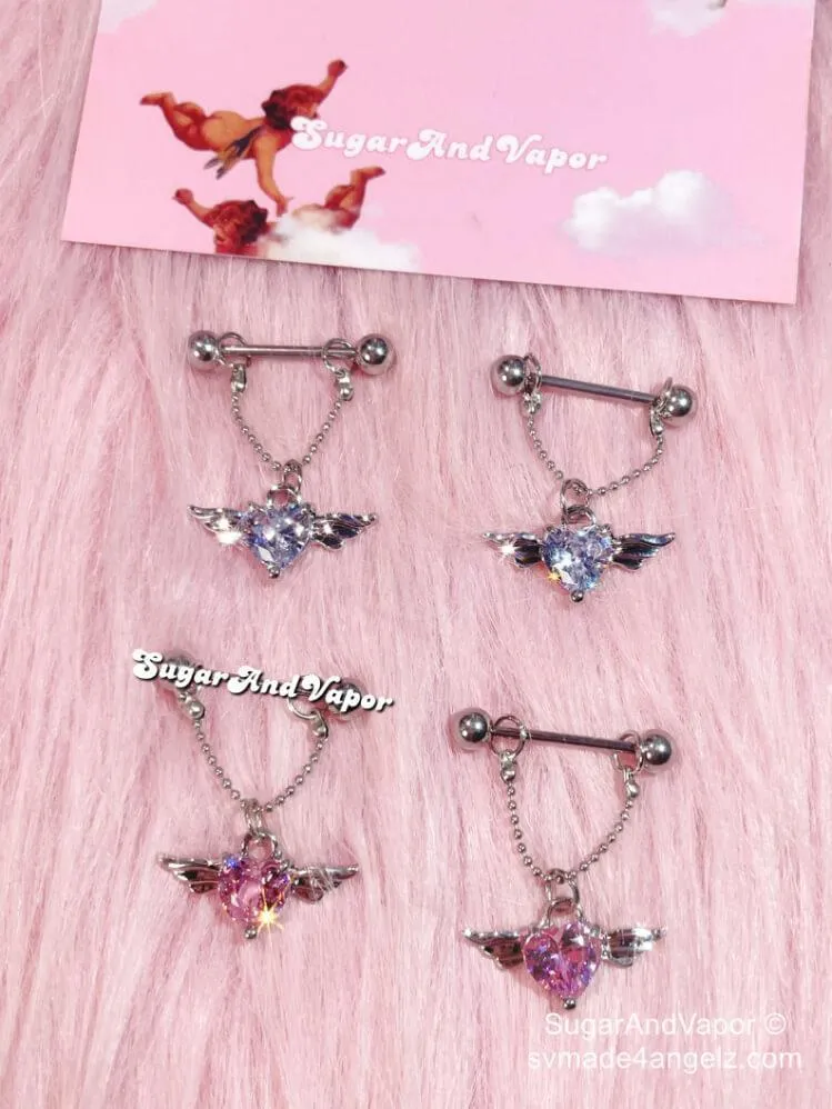 Bling Heart Wings Charms Chain Nipple Rings