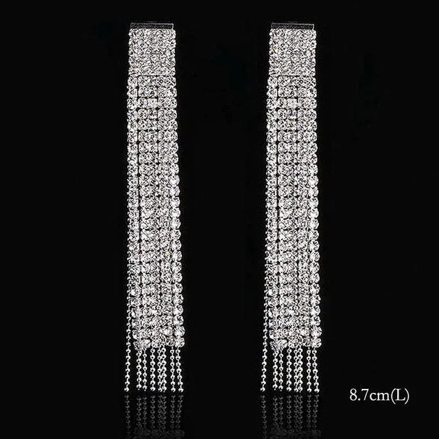 Bling Rhinestone Crystal Long Tassel Drop Earrings