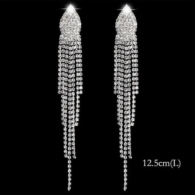 Bling Rhinestone Crystal Long Tassel Drop Earrings