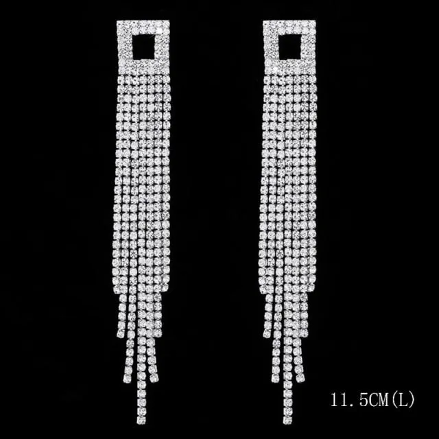 Bling Rhinestone Crystal Long Tassel Drop Earrings