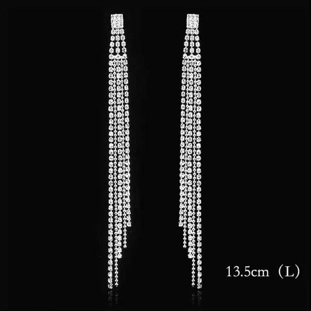 Bling Rhinestone Crystal Long Tassel Drop Earrings