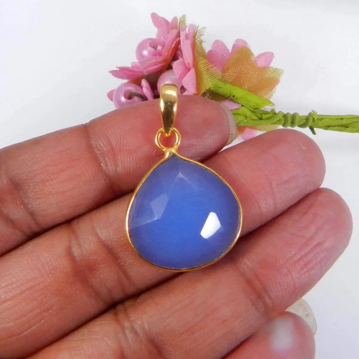 Blue Chalcedony Gold Plated Brass Handmade Bezel Set Pendant Jewelry