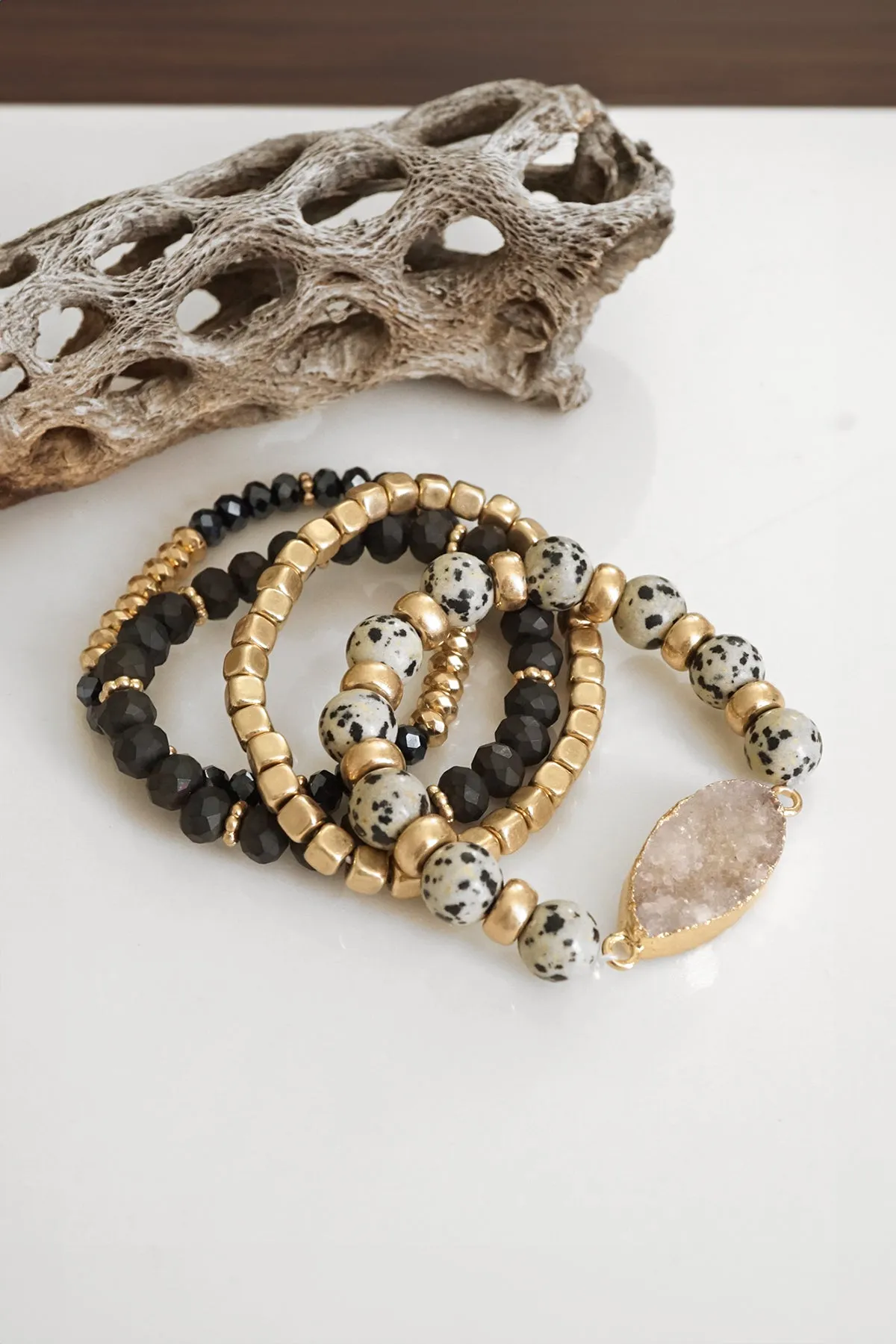 Boho Beads Bracelets set of 4 piece with Druzy Semi Precious stones in Black White and gold