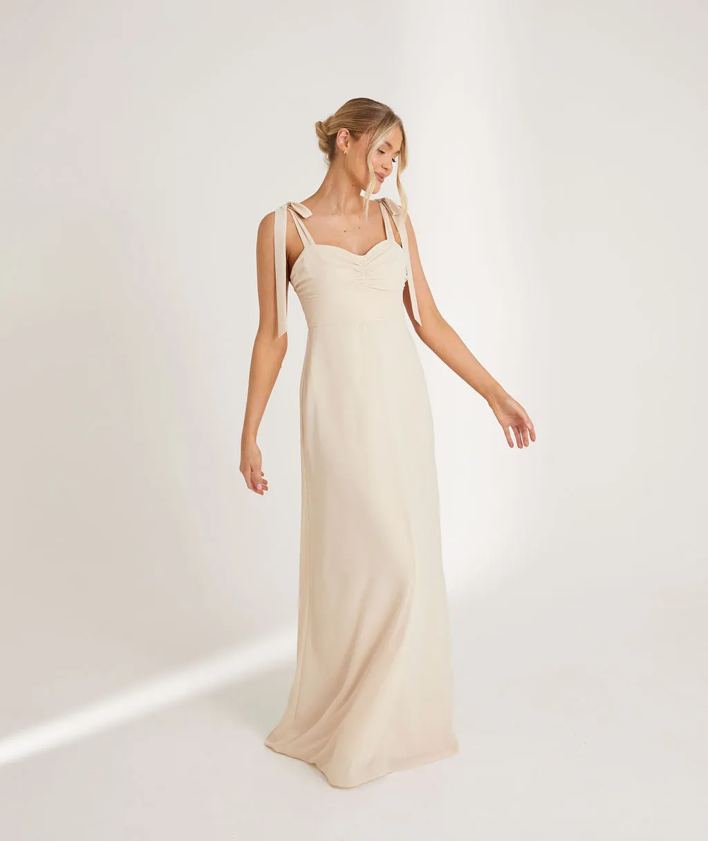 Bow Tie Shoulder Chiffon Bridesmaid Dress - Vintage Cream