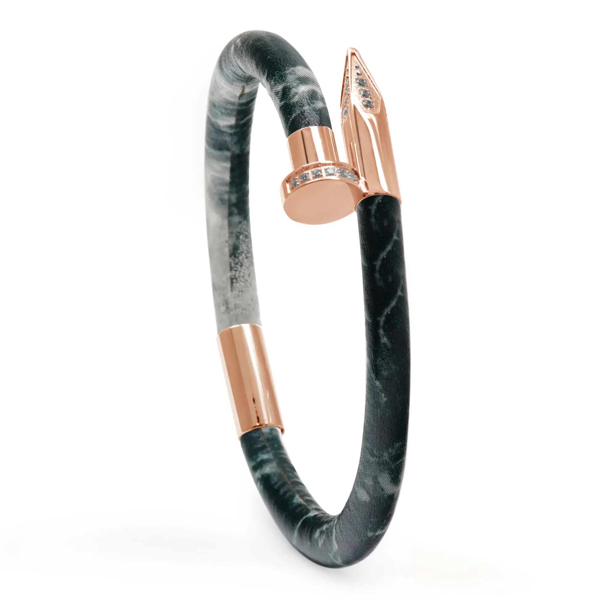 Bracelet Rose Gold Nail with Zircon Diamond - Green Leather