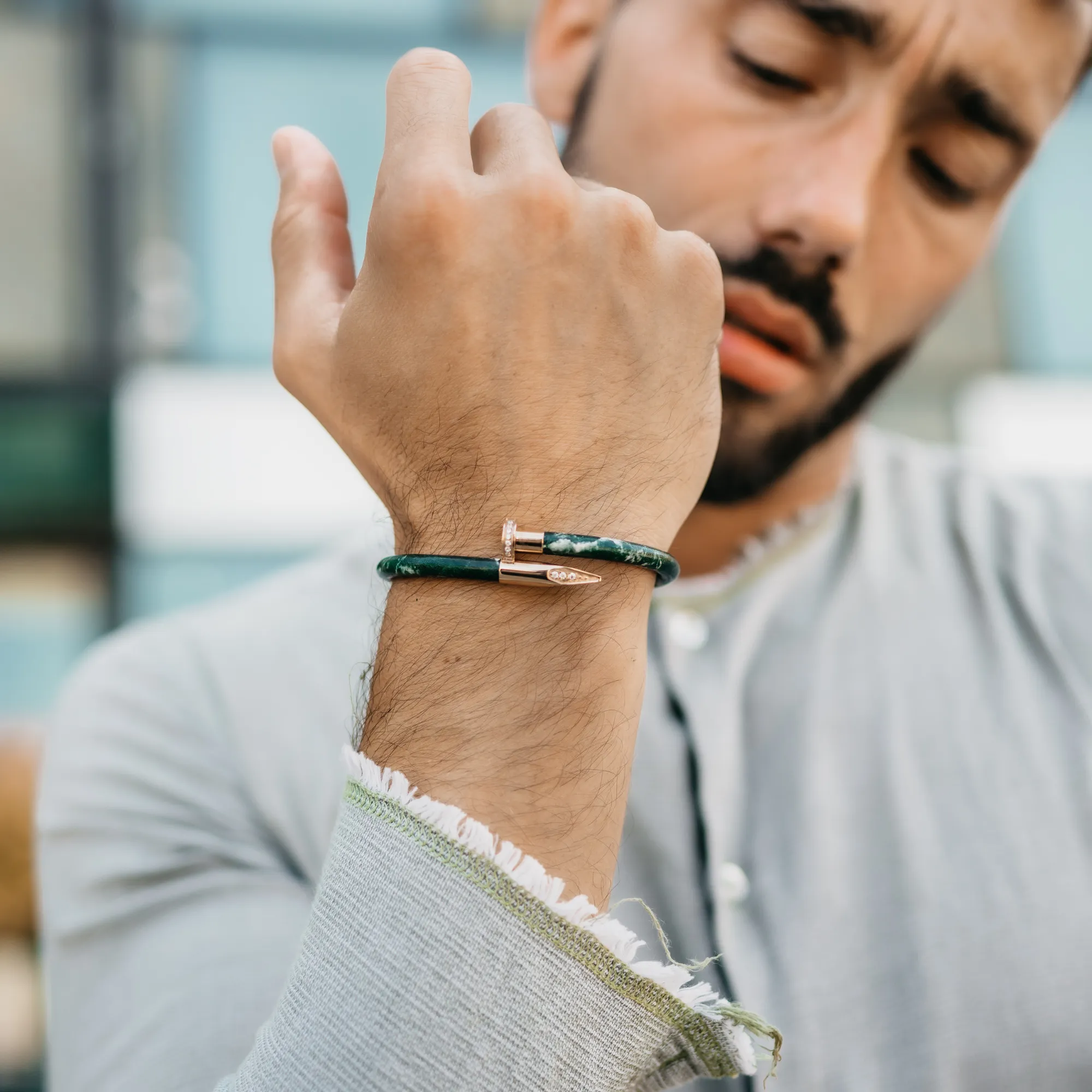 Bracelet Rose Gold Nail with Zircon Diamond - Green Leather