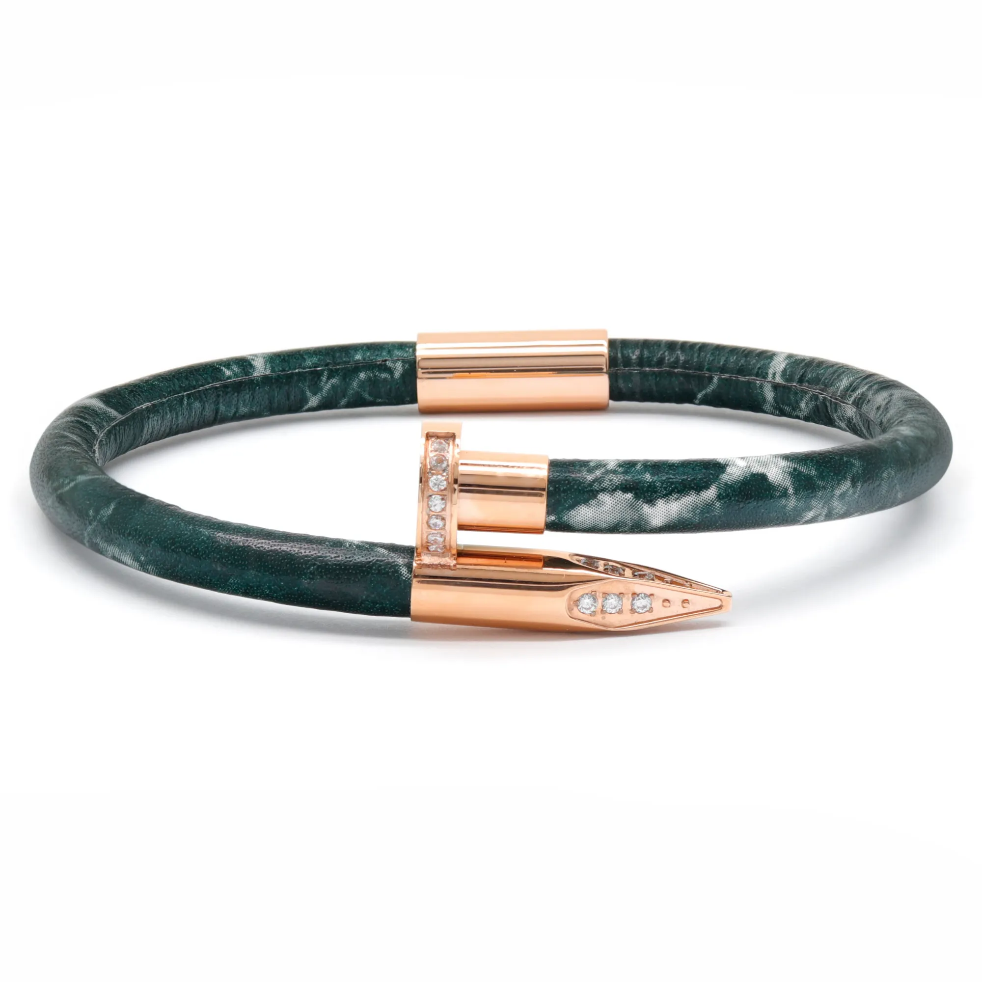 Bracelet Rose Gold Nail with Zircon Diamond - Green Leather