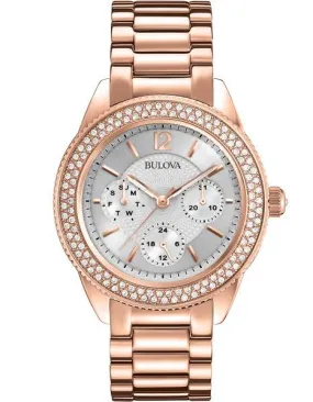 Bulova Crystal Day/Date Ladies Watch - Silver/White Dial - Rose Gold-Tone Design