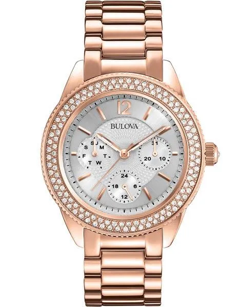 Bulova Crystal Day/Date Ladies Watch - Silver/White Dial - Rose Gold-Tone Design