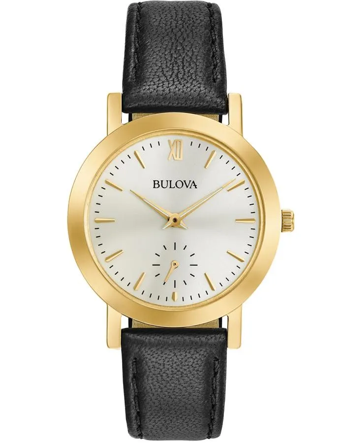 Bulova Womens Classic Watch - Gold-Tone Case - Black Leather Strap