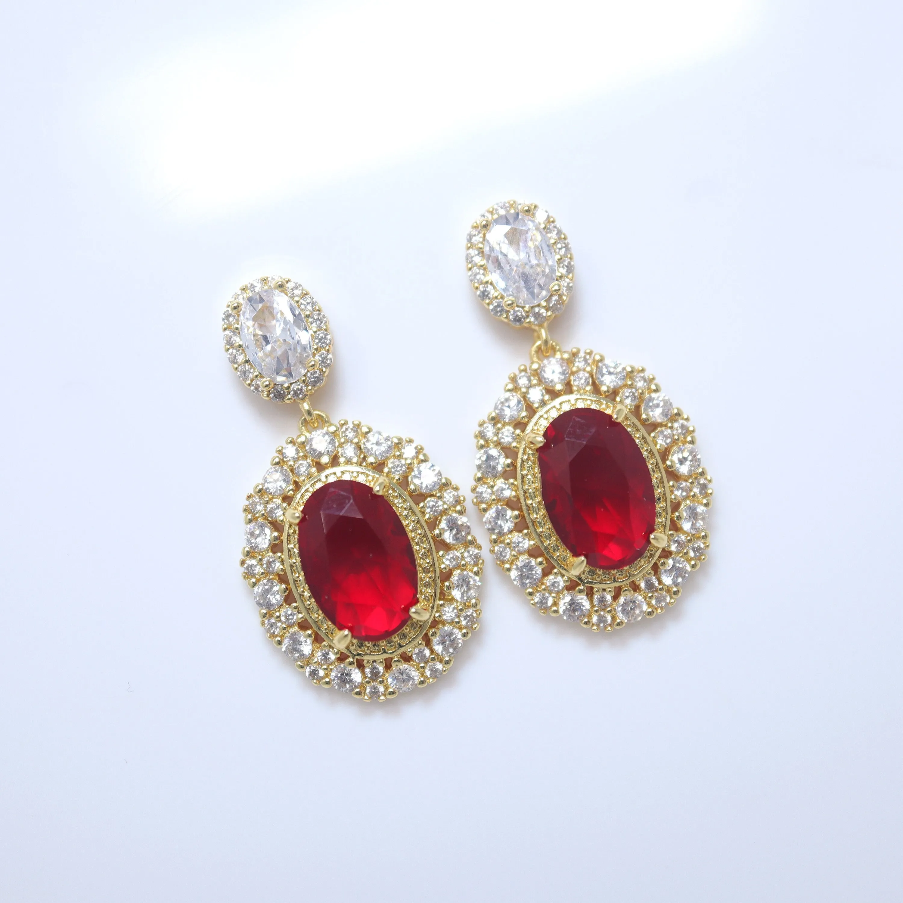 Captivating Gold Red Diamond Blossoms: Crystal Bridal Earring with CZ Accents, Crystal Bridal Earrings, Statement Earrings Cz