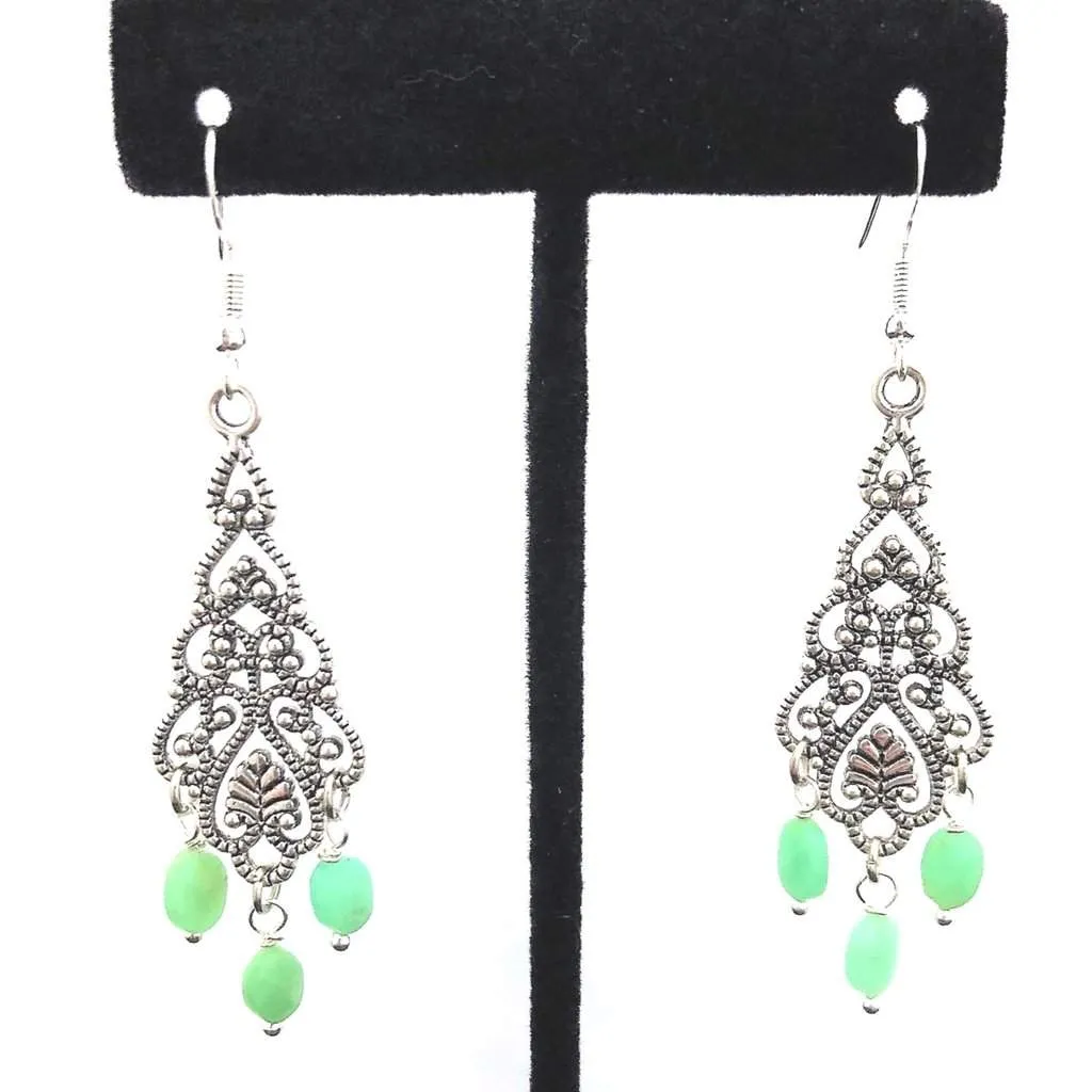 Chrisolas Green Stone Antique Silver Dangle Earrings