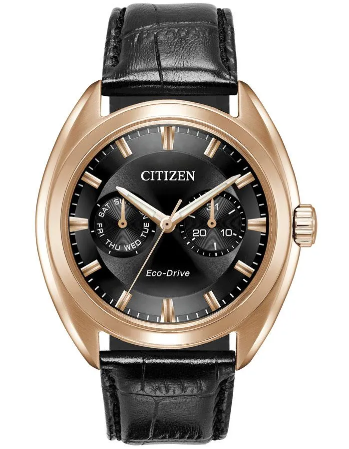 Citizen Eco-Drive Mens Watch - Rose-Gold - Grey Dial - Leather Strap - Day/Date