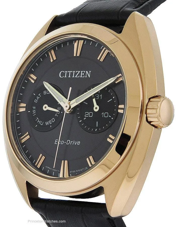 Citizen Eco-Drive Mens Watch - Rose-Gold - Grey Dial - Leather Strap - Day/Date