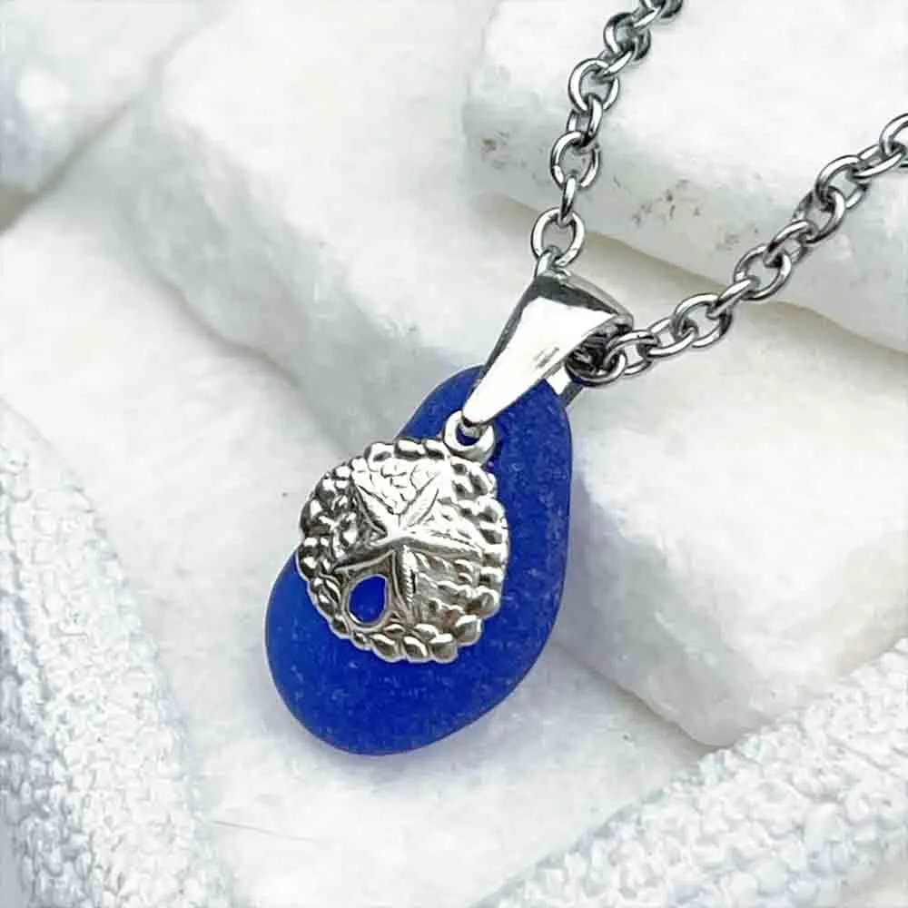 Cobalt Blue Sea Glass Jellybean Pendant with Sand Dollar Charm | #5035