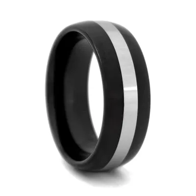 Comfort Fit Domed 8mm Black High Polish Tungsten Carbide Wedding Ring with Silver Center