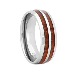 Comfort Fit Domed 8mm Tungsten Carbide Wedding Ring With Exotic Koa Wood Inlay