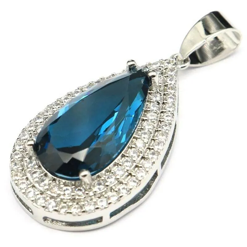 Created London Blue Teardrop Pendant Necklace