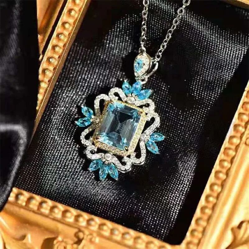 Creative Artistic Design Geometric Shaped Sky Blue Aquamarine CZ Necklace