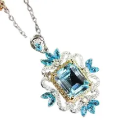 Creative Artistic Design Geometric Shaped Sky Blue Aquamarine CZ Necklace