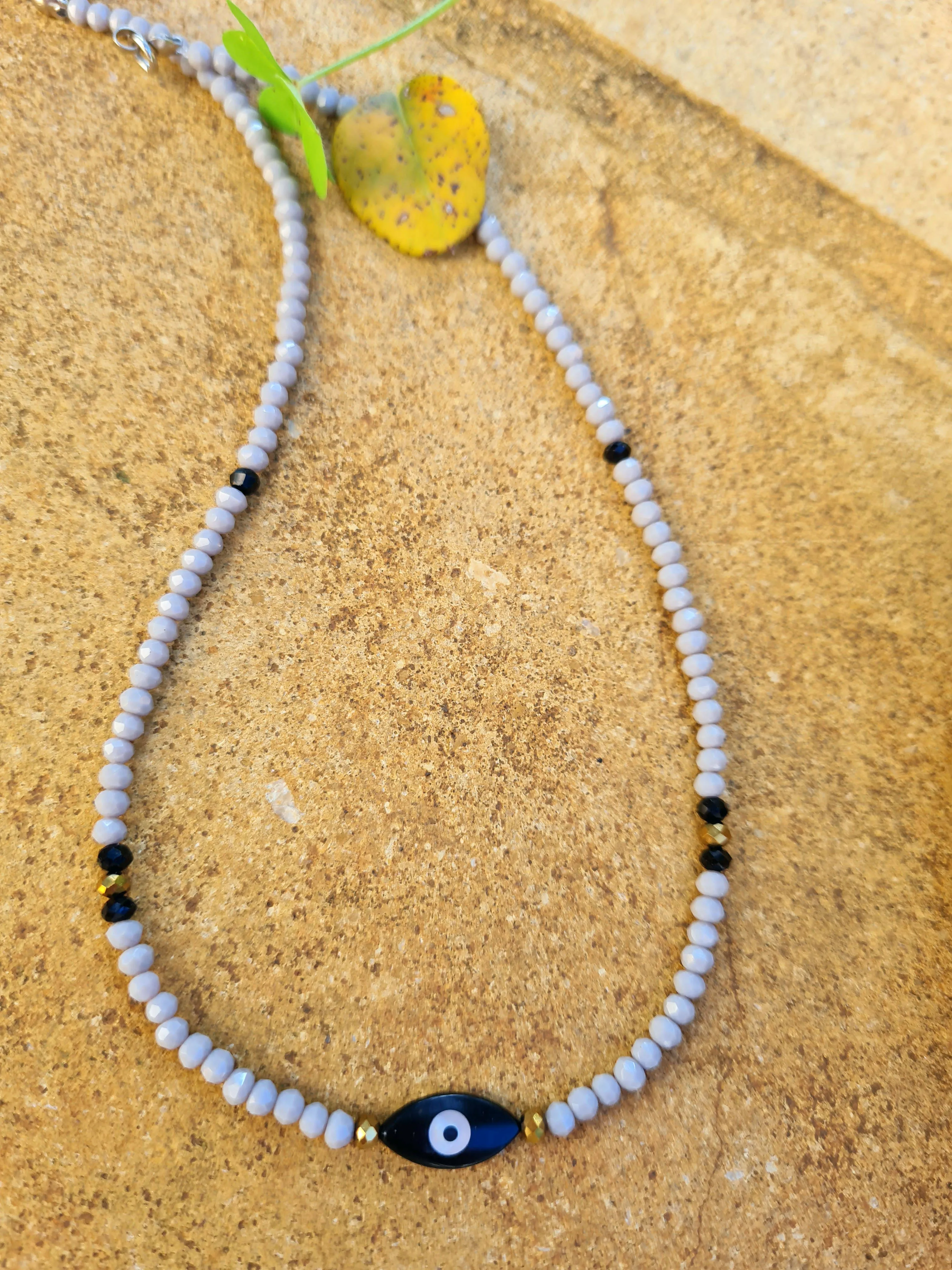 Crystal Grey choker with mother of pearl evil eye