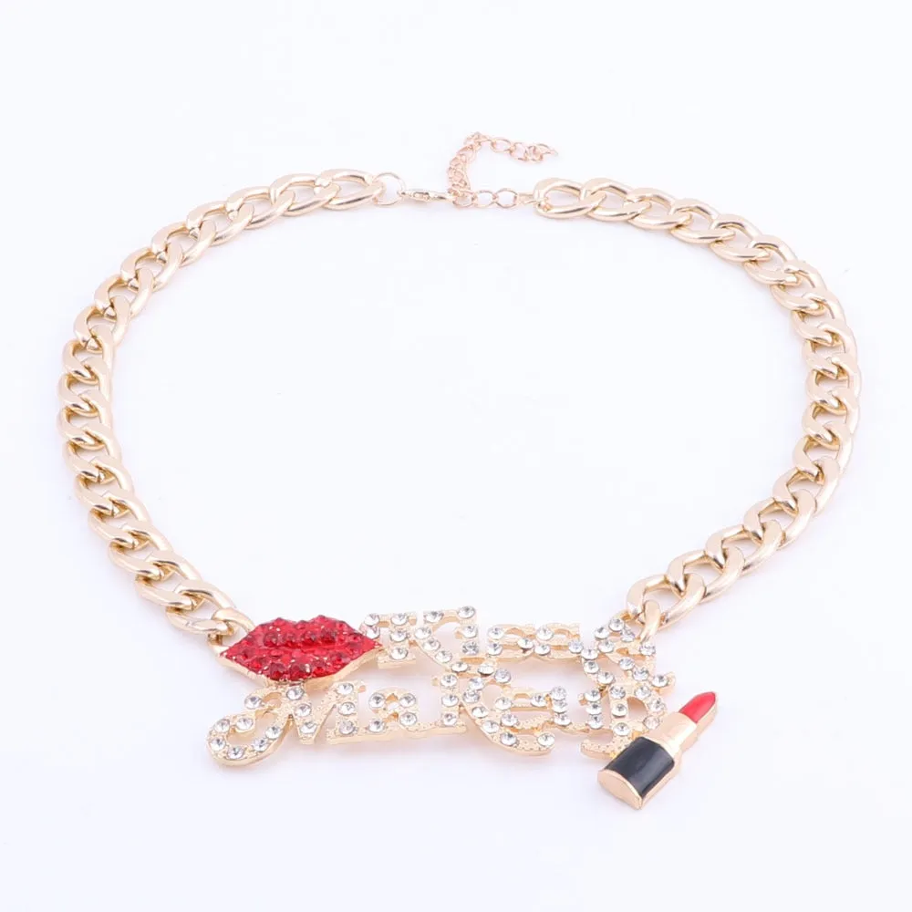 Crystal Red Sexy Lip, Enameled Lipstick, Kiss & Make Up Necklace, Bracelet, Earrings & Ring Wedding Jewelry Set