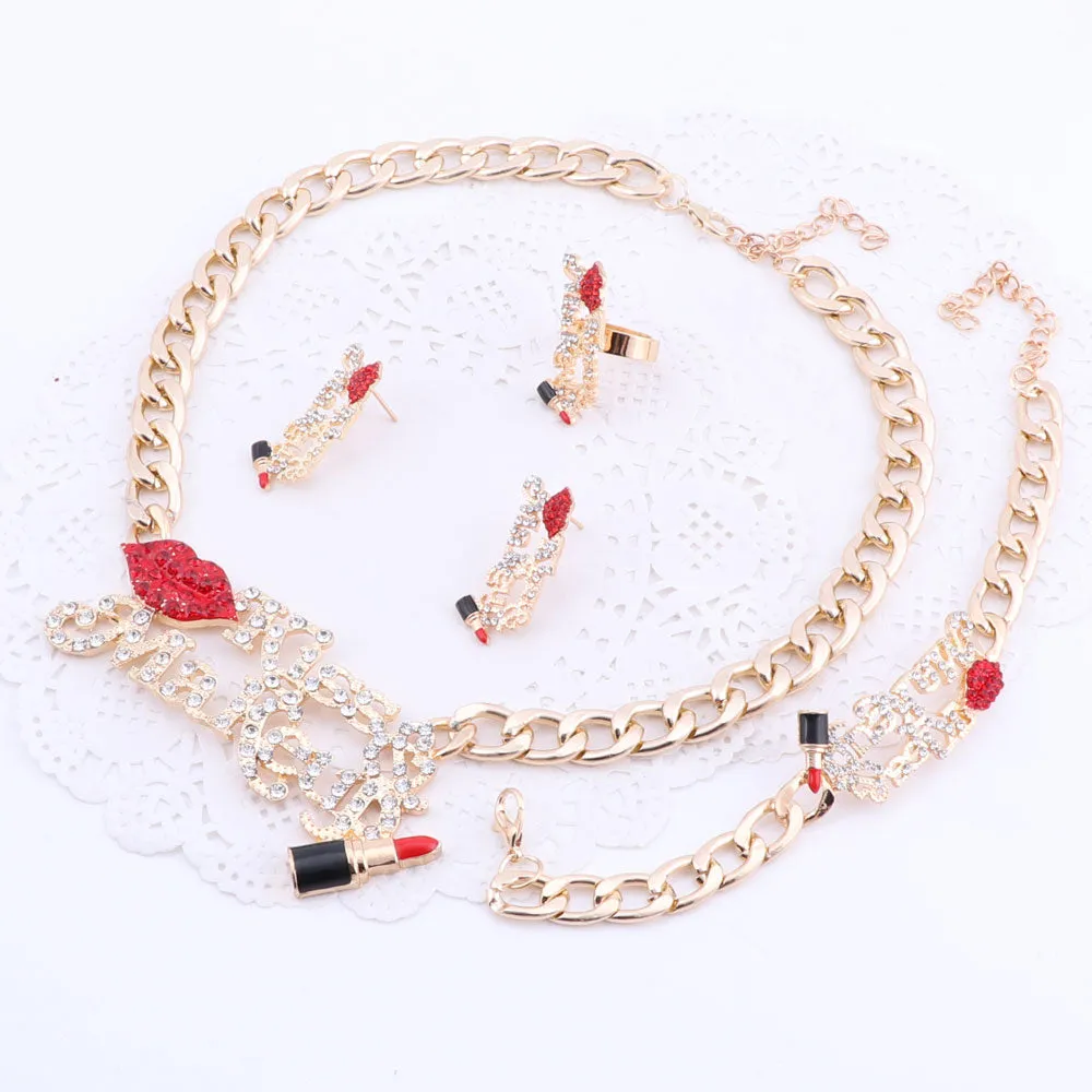 Crystal Red Sexy Lip, Enameled Lipstick, Kiss & Make Up Necklace, Bracelet, Earrings & Ring Wedding Jewelry Set