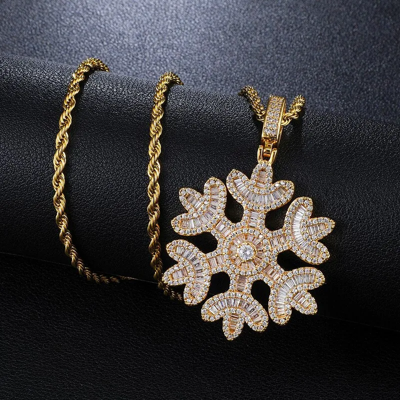 Cubic Zirconia Studded Baguette Snowflake Bling Hip-hop Pendant Necklace