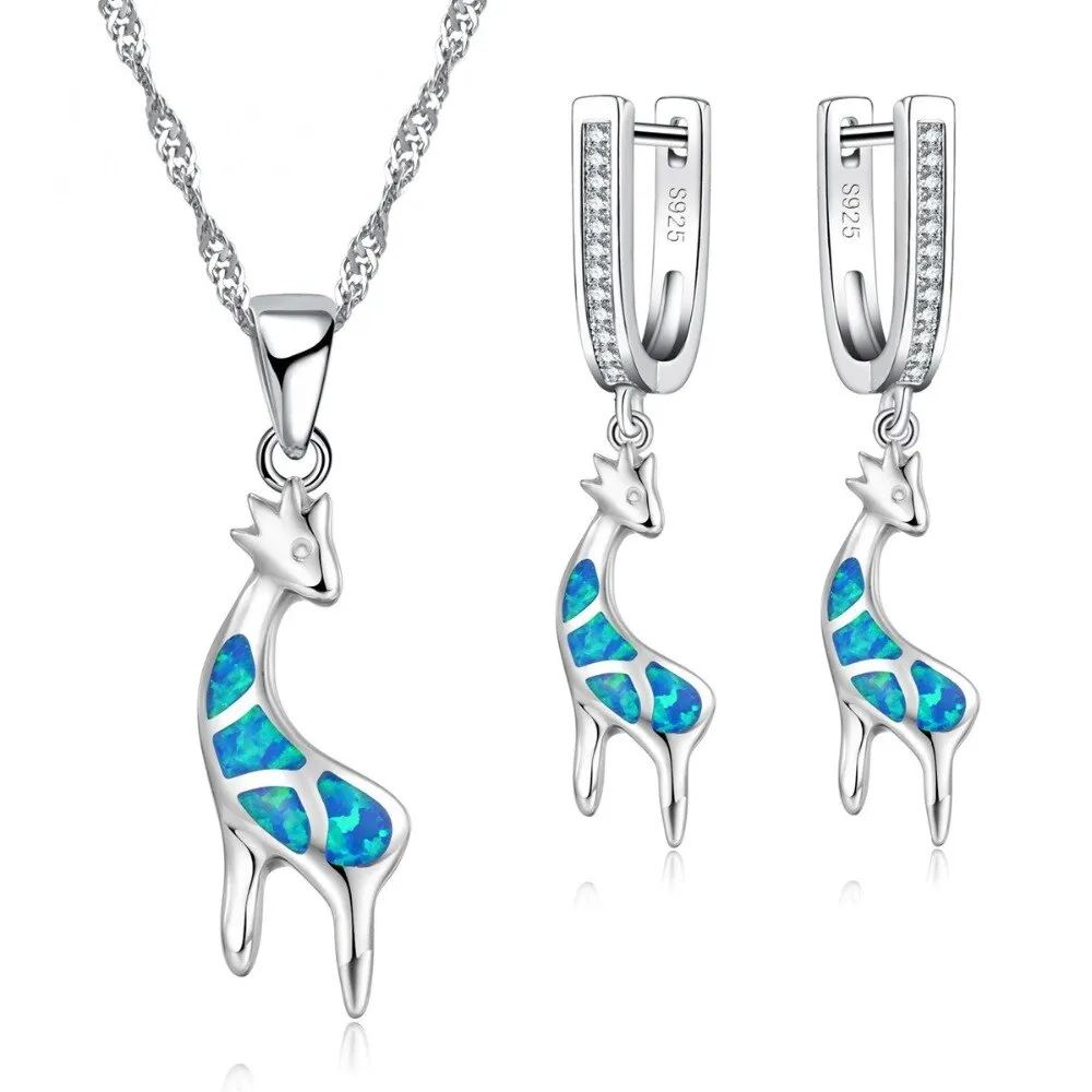 Cute Giraffe Fire Opal Necklace & Earrings Fashion Wedding Jewelry Set