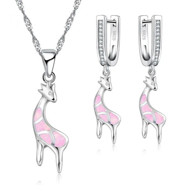 Cute Giraffe Fire Opal Necklace & Earrings Fashion Wedding Jewelry Set