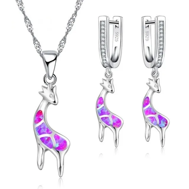 Cute Giraffe Fire Opal Necklace & Earrings Fashion Wedding Jewelry Set