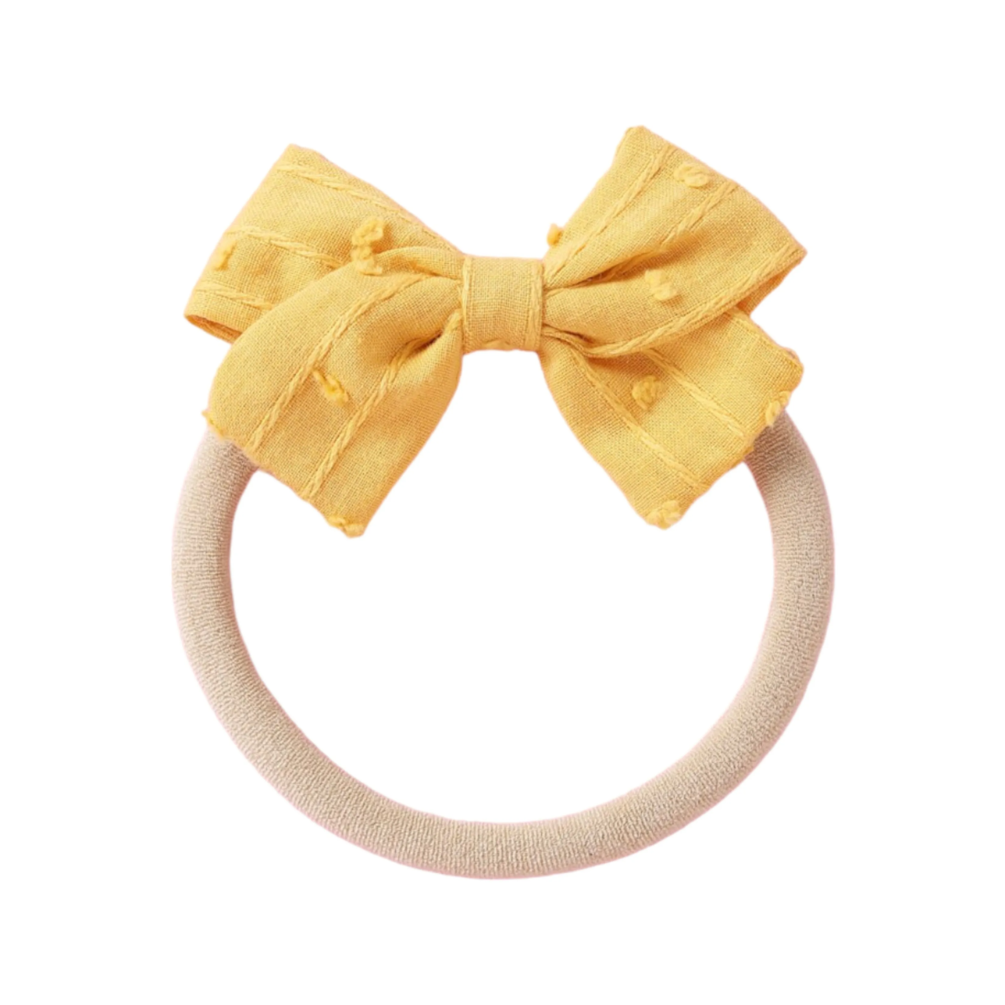 Dotty Embroidered Cotton Baby Bow in Mustard