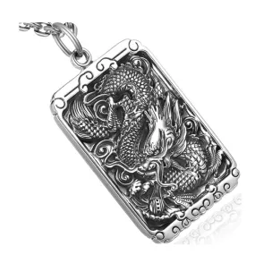 Dragon and Carved Buddhism Characters 925 Sterling Silver Vintage Biker Square Pendant