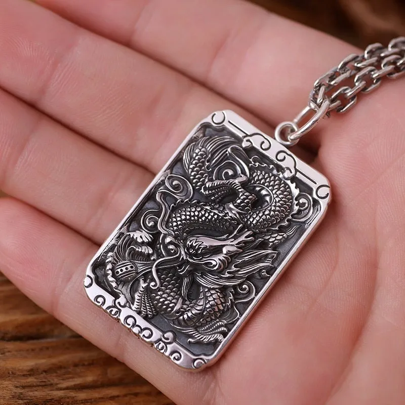 Dragon and Carved Buddhism Characters 925 Sterling Silver Vintage Biker Square Pendant