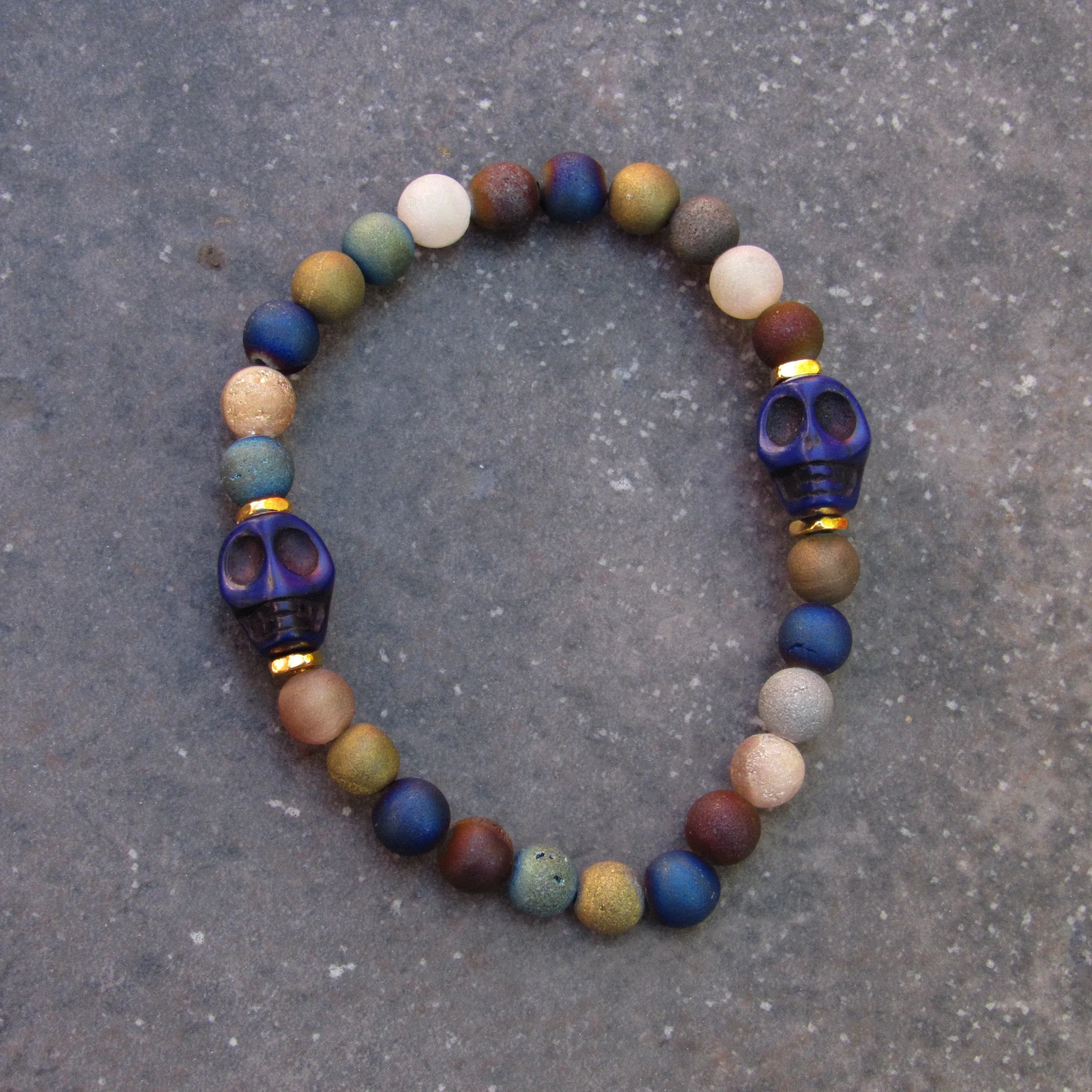 Druzy Agate gemstones, Howlite Skulls, 24 Kt Gold Vermeil over Sterling Silver Women’s Stretch Bracelet