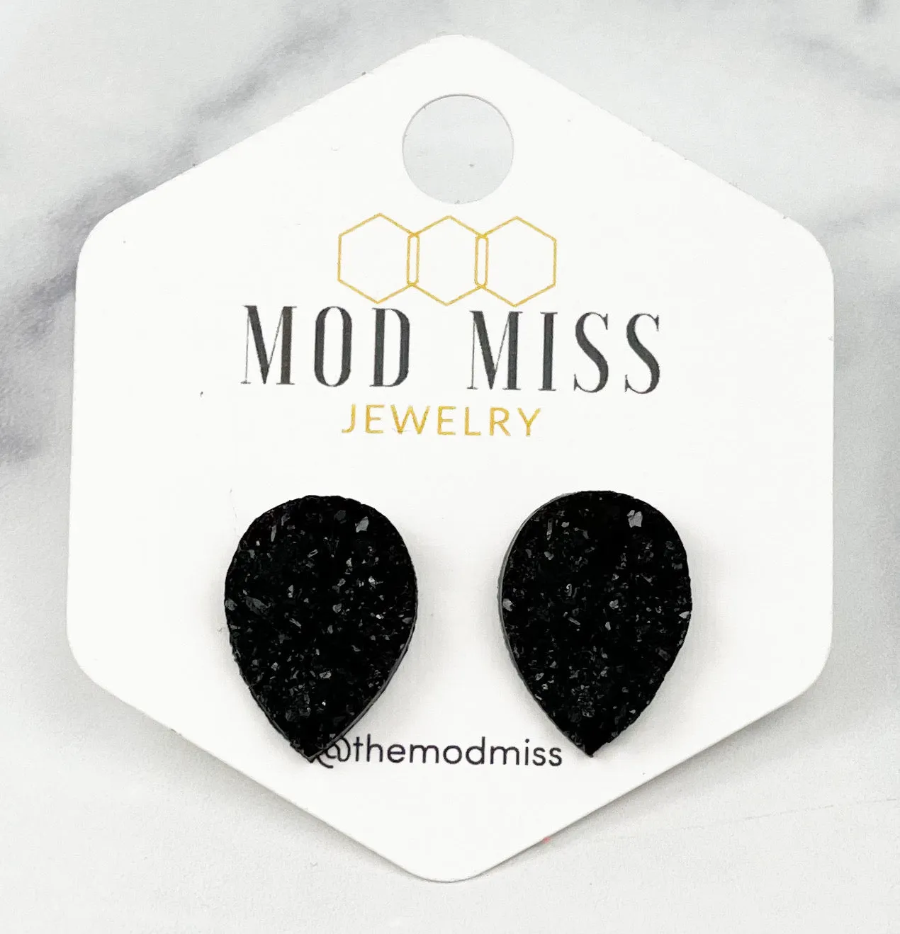 Druzy Stud Teardrop Black