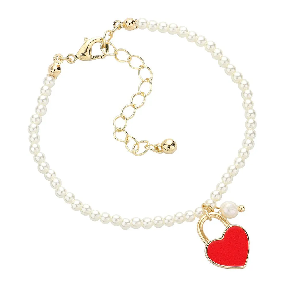 Enamel Heart Charm Pendant Pearl Bracelet