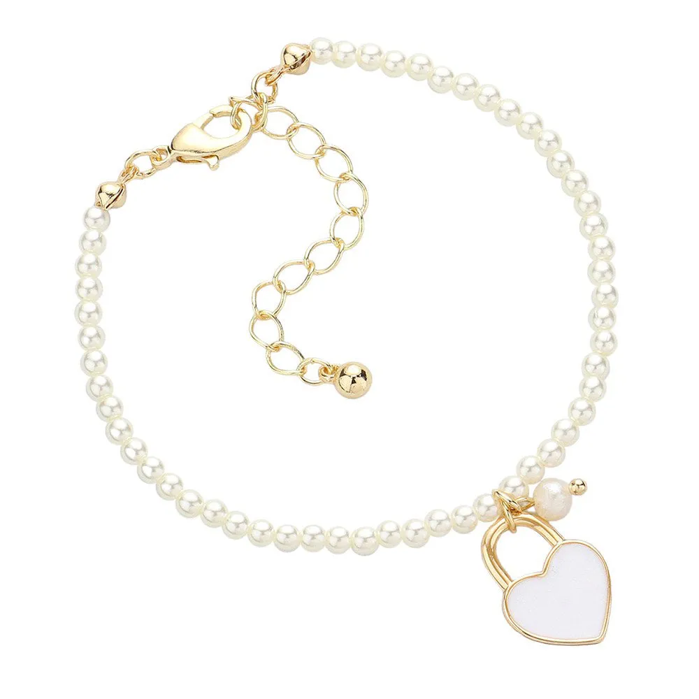 Enamel Heart Charm Pendant Pearl Bracelet