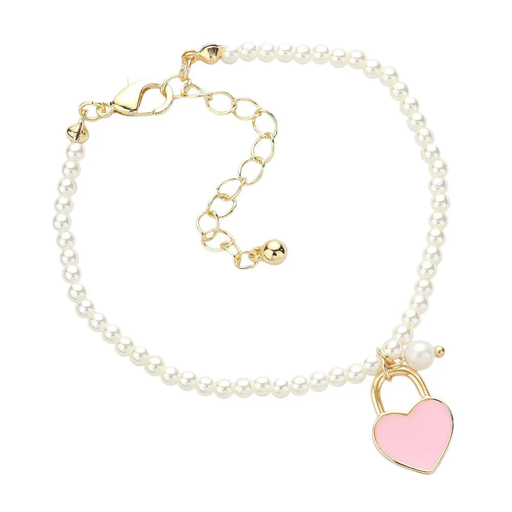 Enamel Heart Charm Pendant Pearl Bracelet