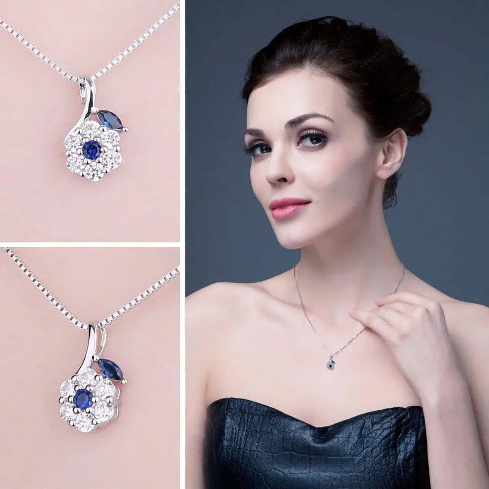 Girl Fashion Flower Created Sapphire Pendant Necklace - 925 Sterling Silver ( Chain not included )