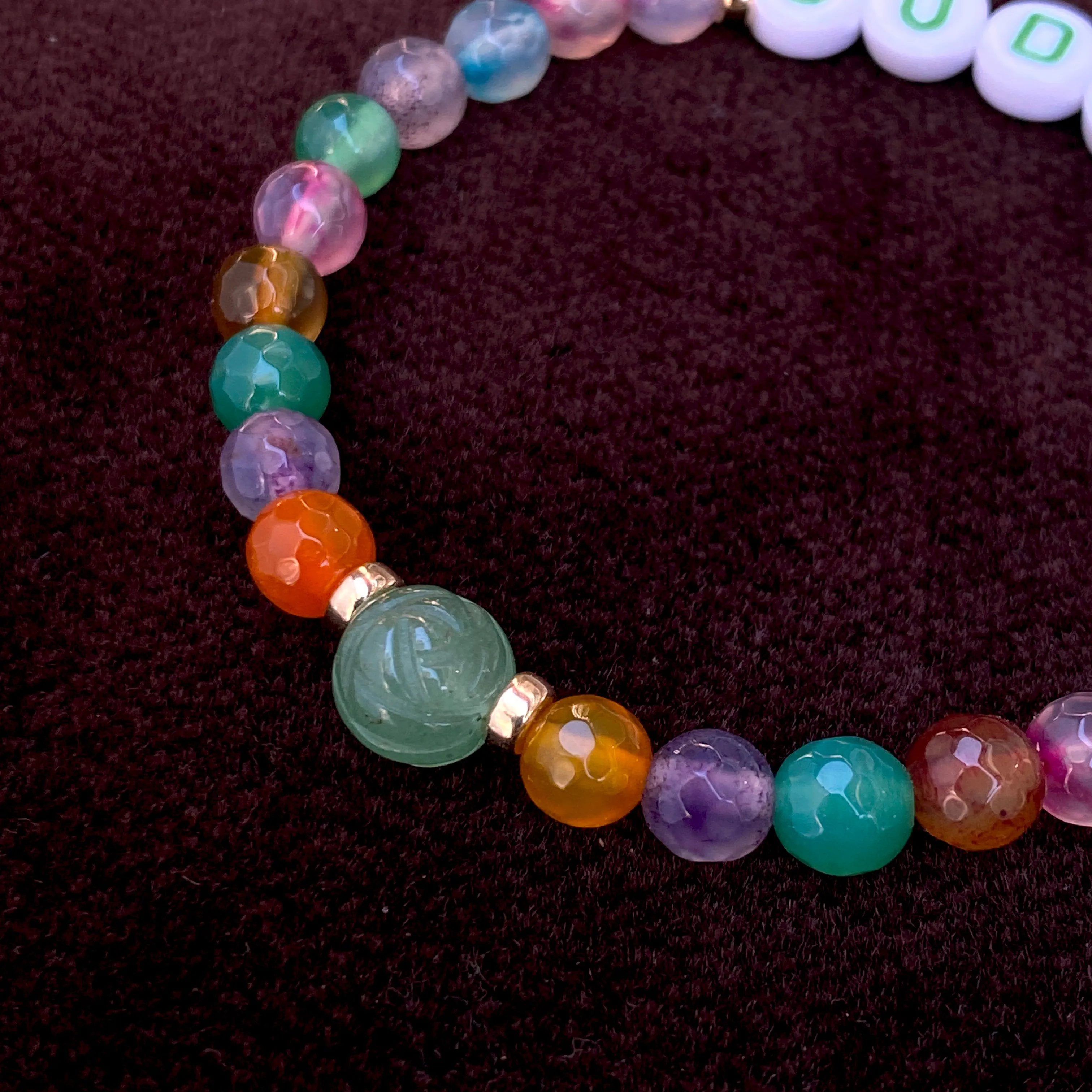 “Goddess” Mixed Color Agate Gemstones, Aventurine, 14 kt GF Stretch Bracelet