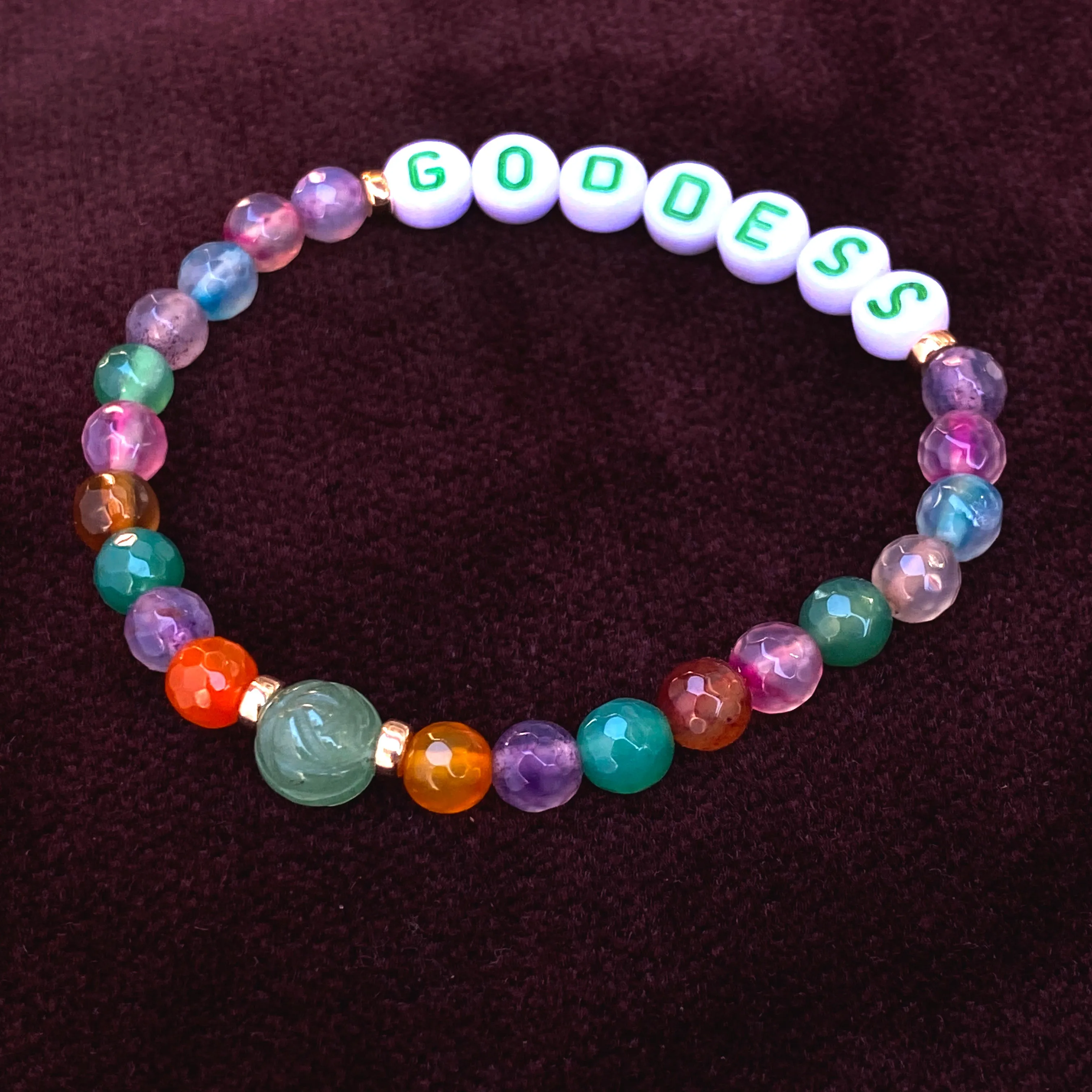 “Goddess” Mixed Color Agate Gemstones, Aventurine, 14 kt GF Stretch Bracelet