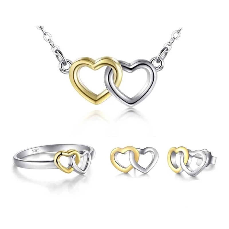 Gold and White Double Hearts 925 Sterling Silver Necklace, Stud Earrings & Ring Fashion Wedding Jewelry Set