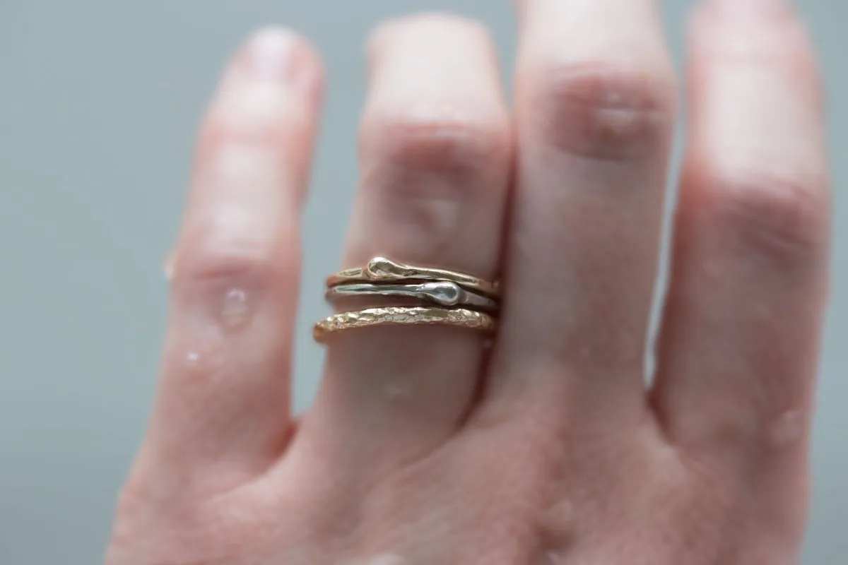 Gold Dewdrop Stacking Rings - Hand Carved Dainty Stacking Rings in Recycled Gold by Anueva Jewelry