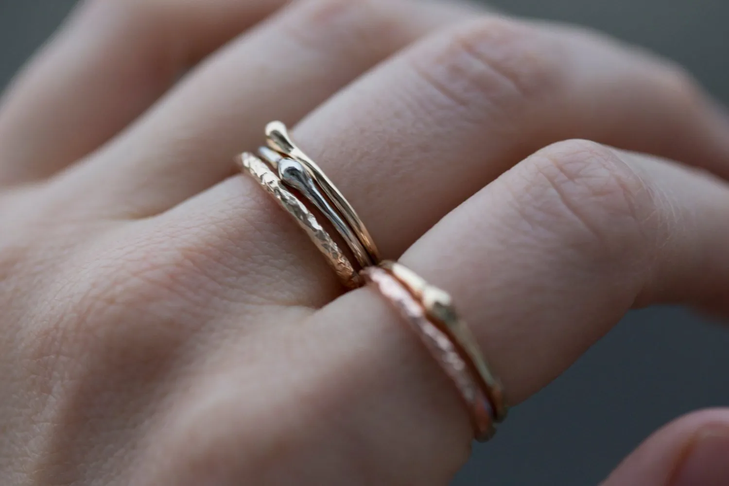 Gold Dewdrop Stacking Rings - Hand Carved Dainty Stacking Rings in Recycled Gold by Anueva Jewelry