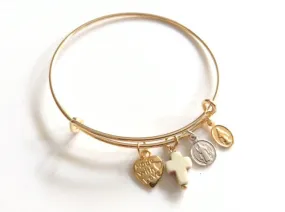 Gold Expandable Adjustable Bangle Bracelet St Benedict Virgin Mary Cross Pendant