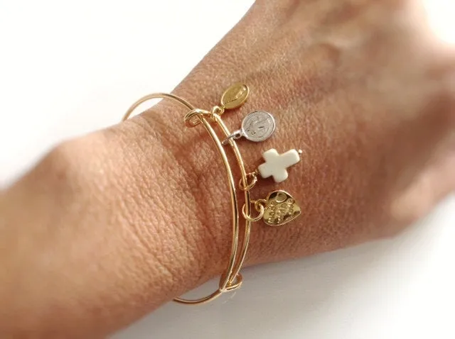 Gold Expandable Adjustable Bangle Bracelet St Benedict Virgin Mary Cross Pendant