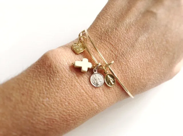 Gold Expandable Adjustable Bangle Bracelet St Benedict Virgin Mary Cross Pendant