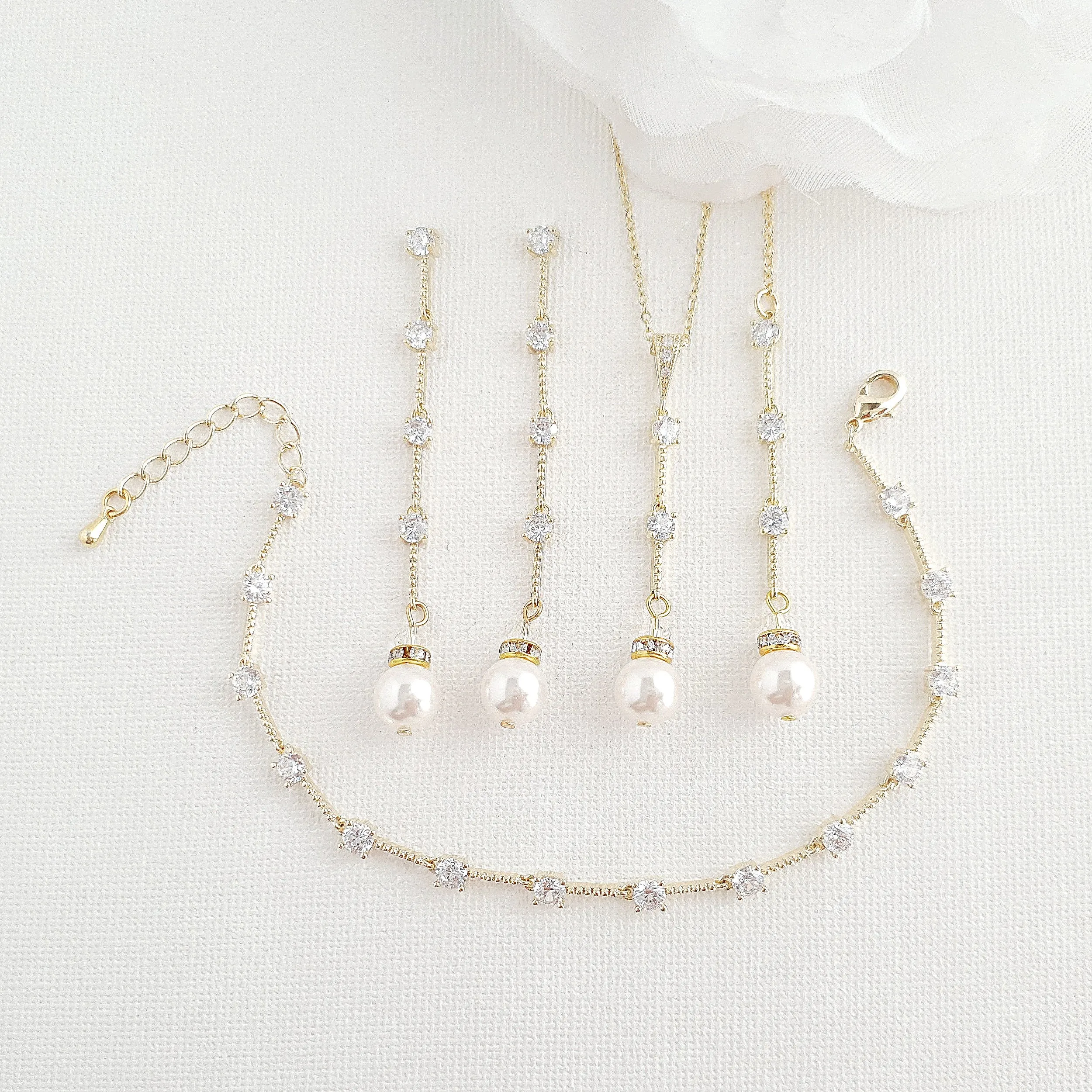 Gold Jewelry Set With Pearl Drop Earrings Necklace Bracelet-Ginger